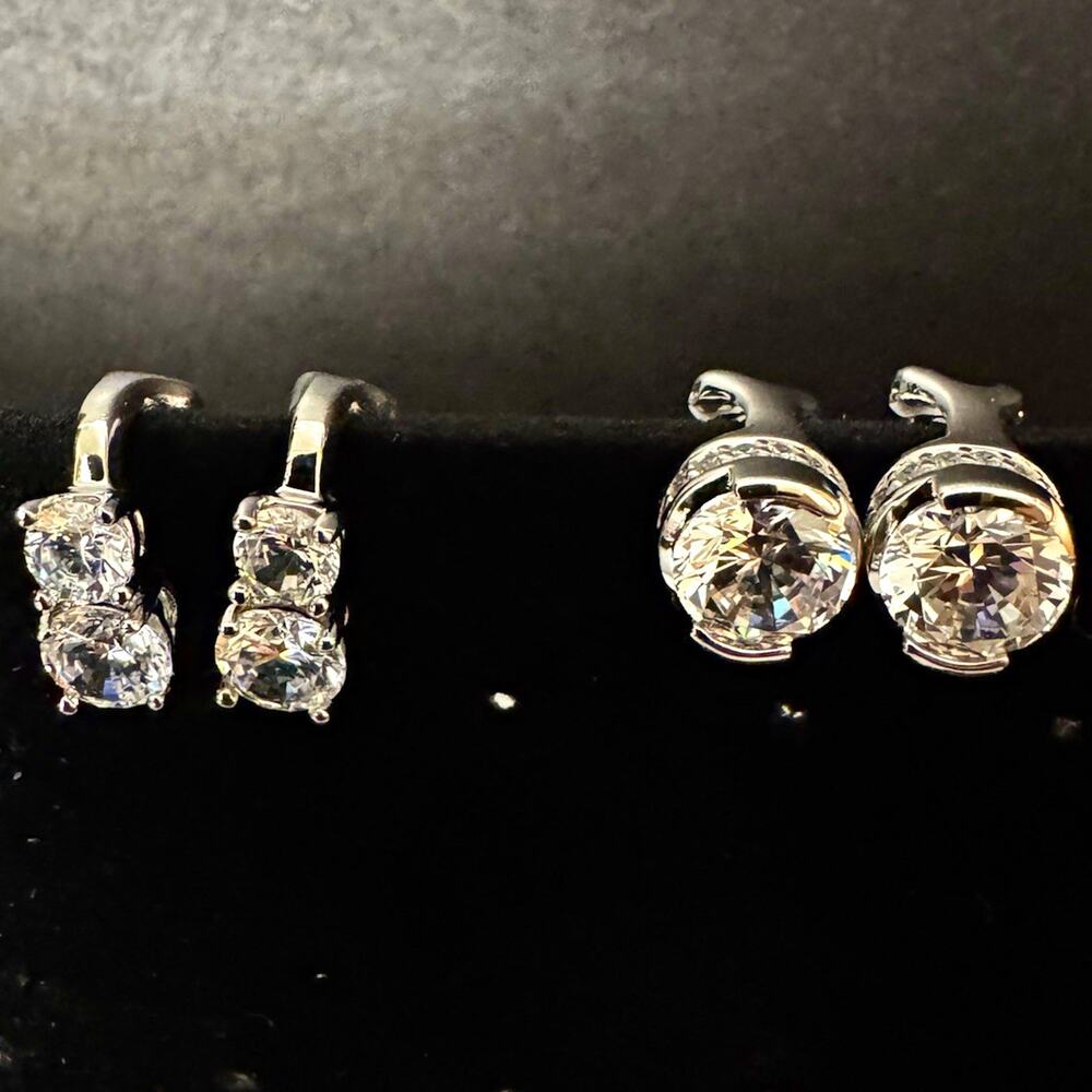 2 Pairs of Sterling Silver 925 Cubic Zirconia Earrings with Secure Omega Back